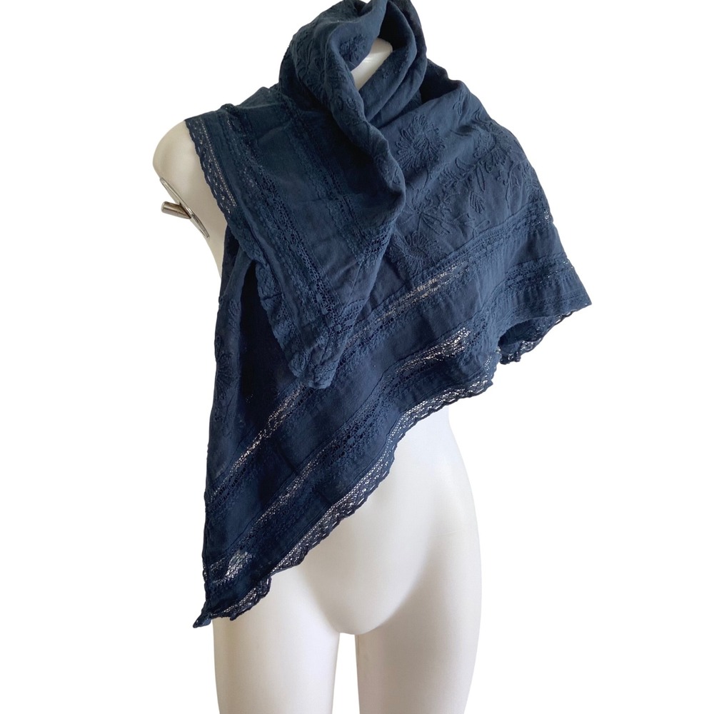 Abercrombie & Fitch Navy Blue Embroidered Cotton Scarf Lace Trim Floral Wrap